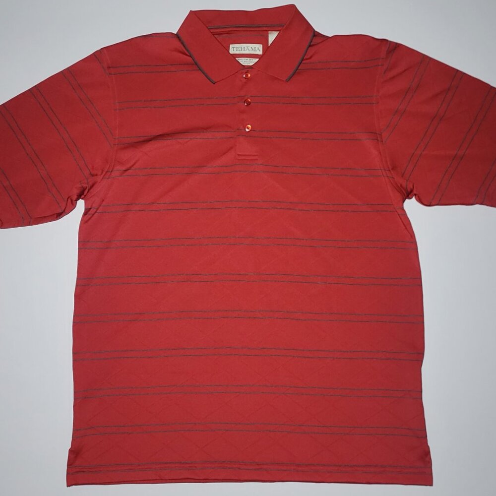 Tehama Mens Red and Gray Striped Short Sleeve Polo Size Large